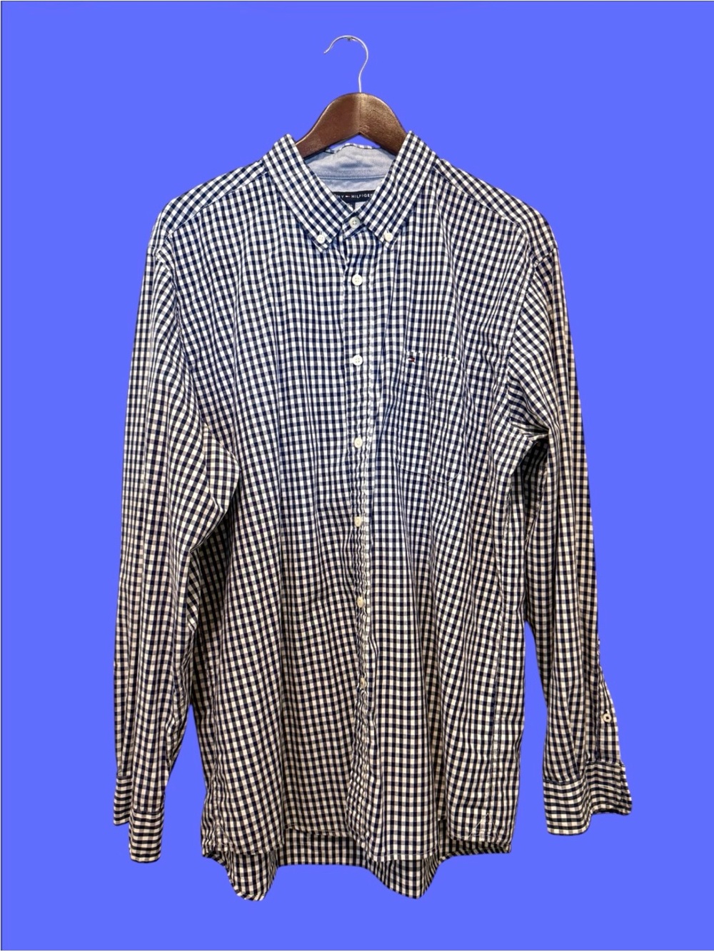 Shirt Tommy Hilfiger Men's Gingham Button-Front Long Sleeves Size XL Blue &White